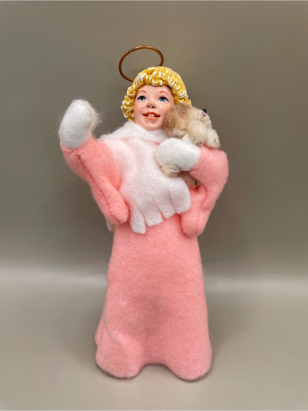 Vintage Simpich Character doll Pink Angel With A Dog Puppy Ornament Felt Wings